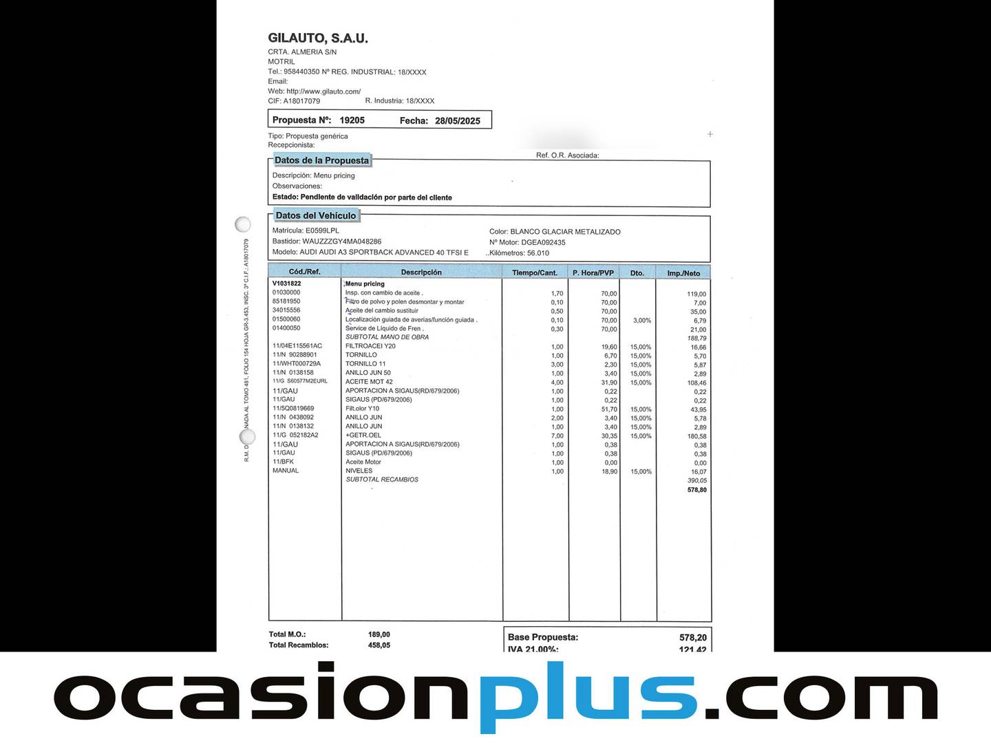 Foto del mantenimiento del Audi A3 Audi A3 Sportback TFSIe 40 TFSI e (204 CV) S tronic
