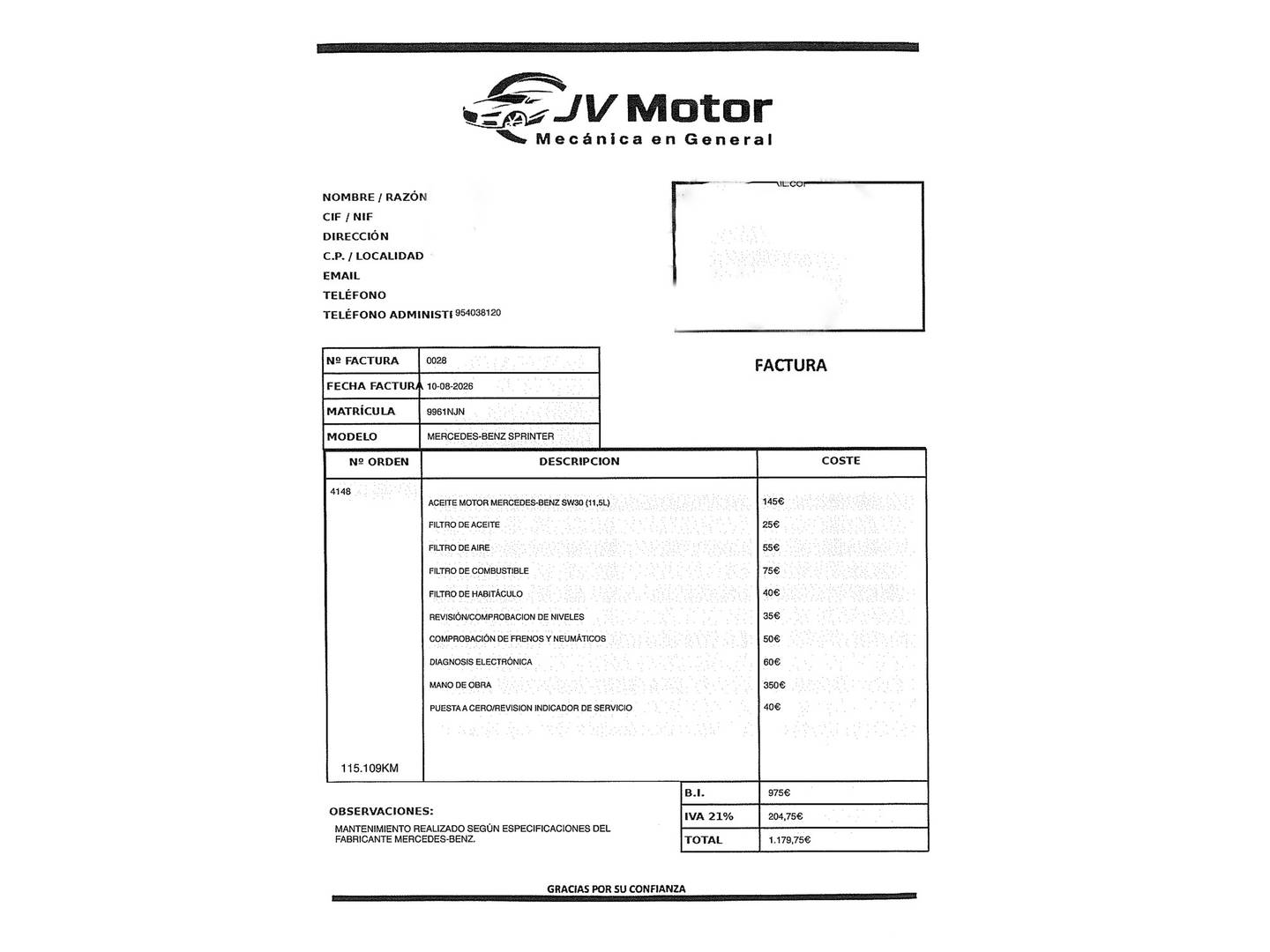 Foto del mantenimiento del Mercedes Sprinter Mercedes Sprinter Furgon 317 CDI LARGO 3.5T T.ALTO (170 CV)