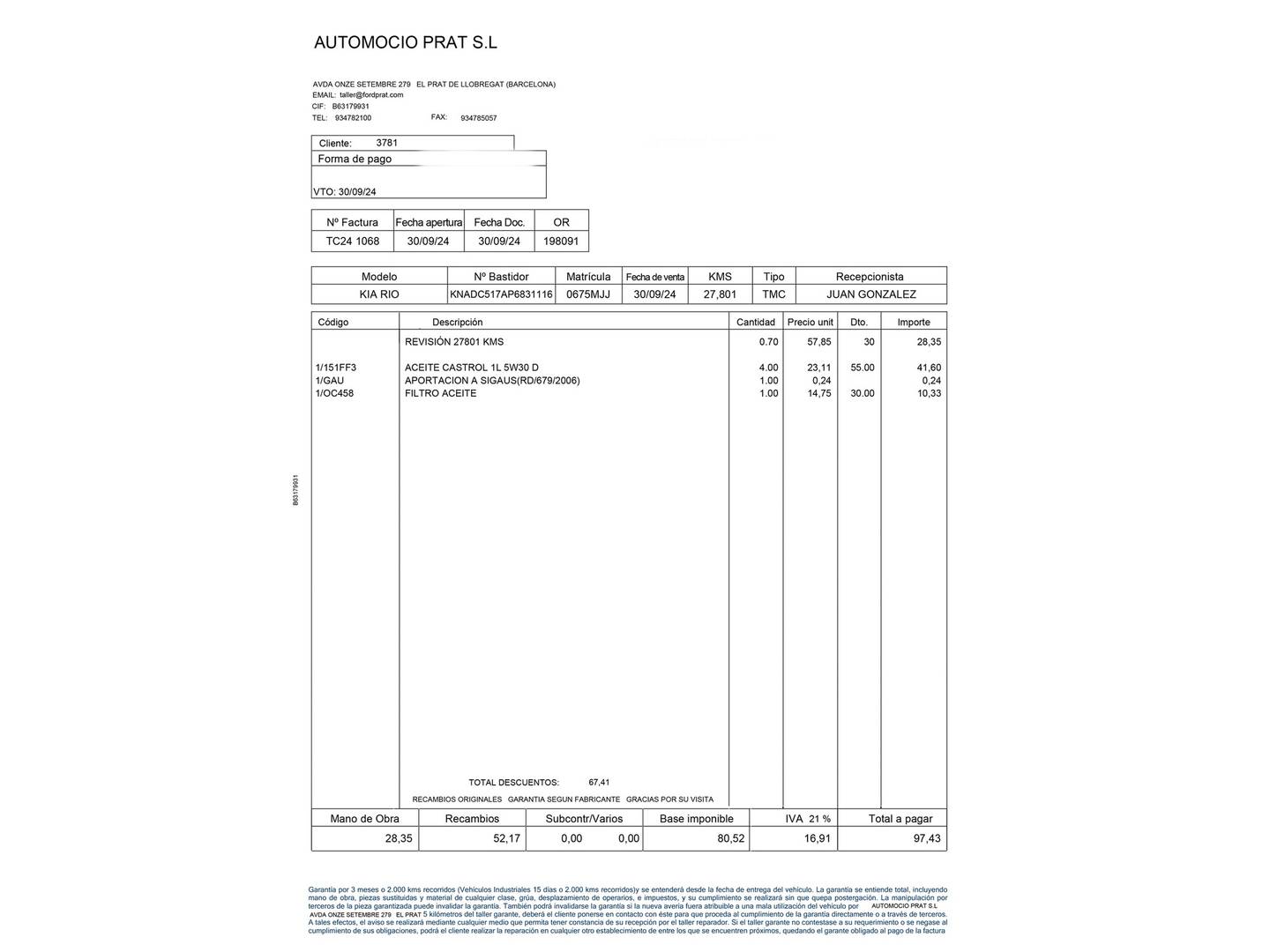 Foto del mantenimiento del KIA Rio KIA Rio 1.0 T-GDi MHEV iMT Drive (100 CV)