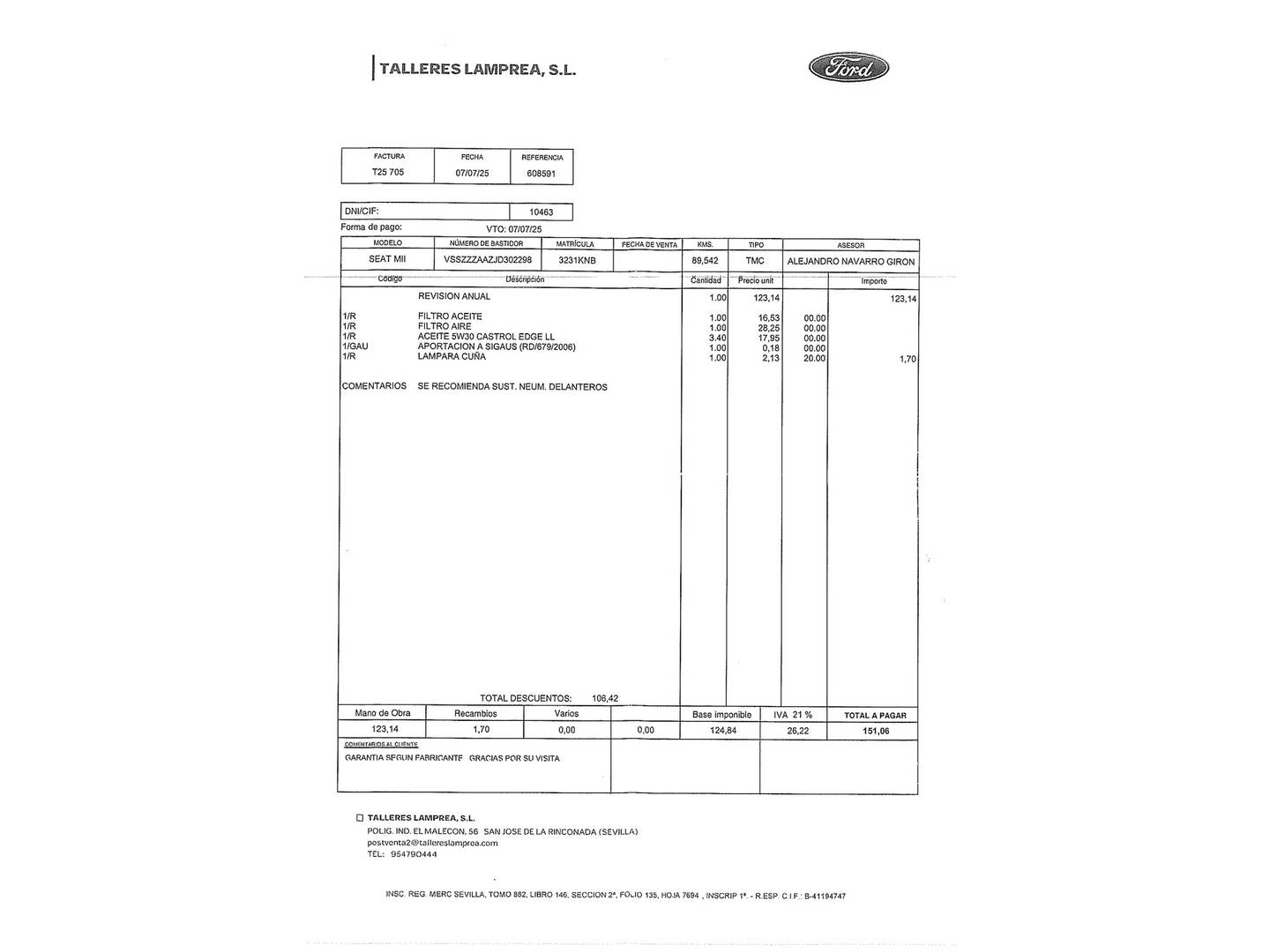 Foto del mantenimiento del Seat Mii Seat Mii 1.0 Style (75 CV)