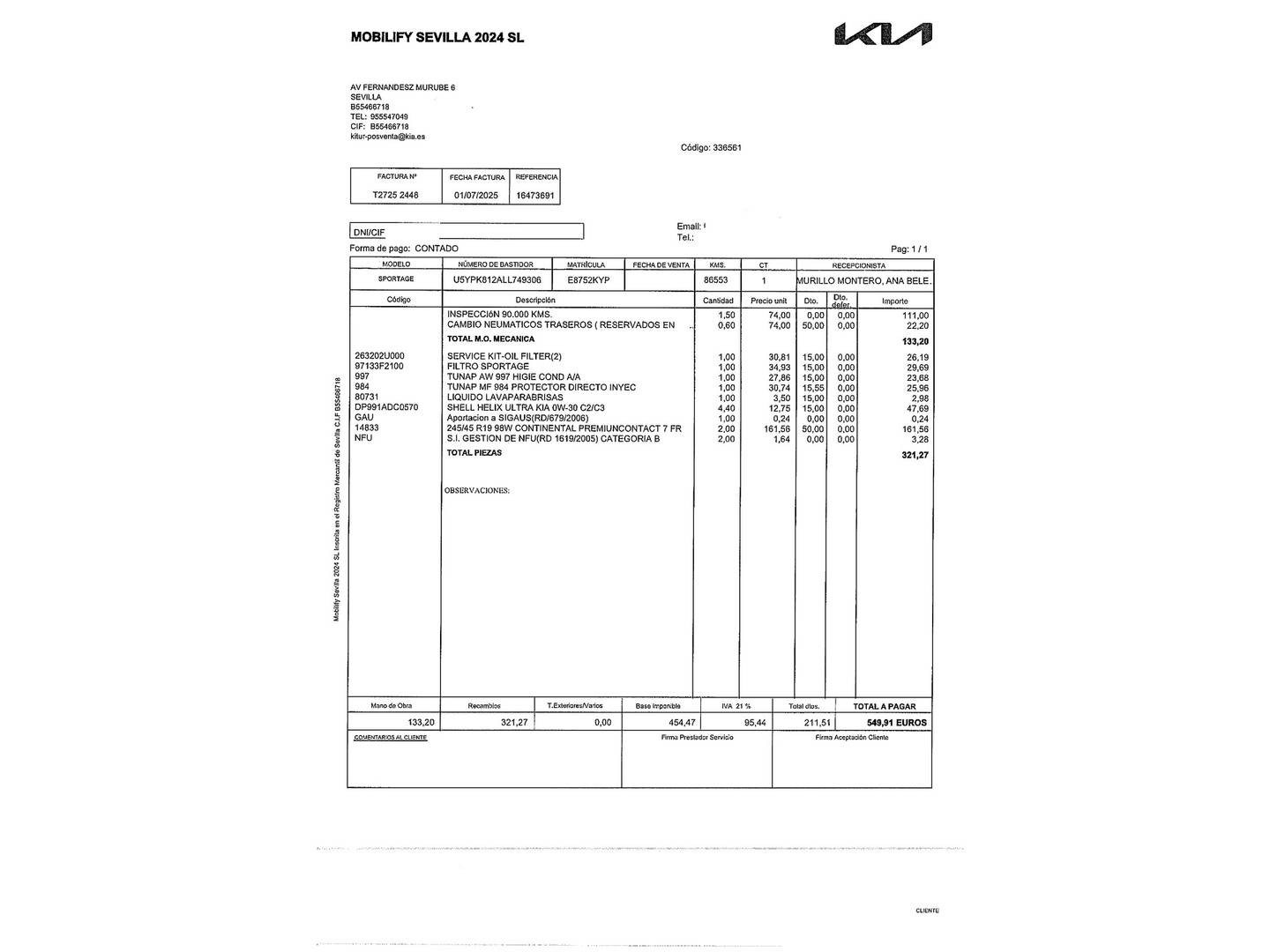 Foto del mantenimiento del KIA Sportage KIA Sportage 1.6 MHEV GT Line Xtreme Plus 4x2 (136 CV)