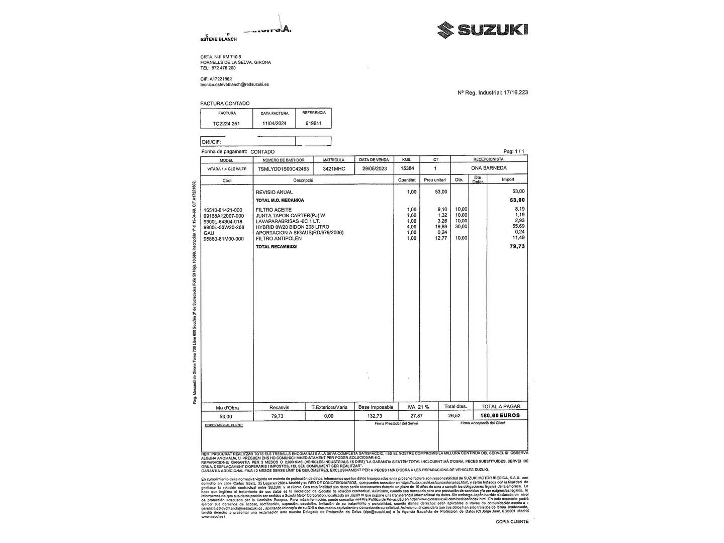 Foto del mantenimiento del Suzuki Vitara Suzuki Vitara 1.4 T Mild Hybrid GLE (129 CV)