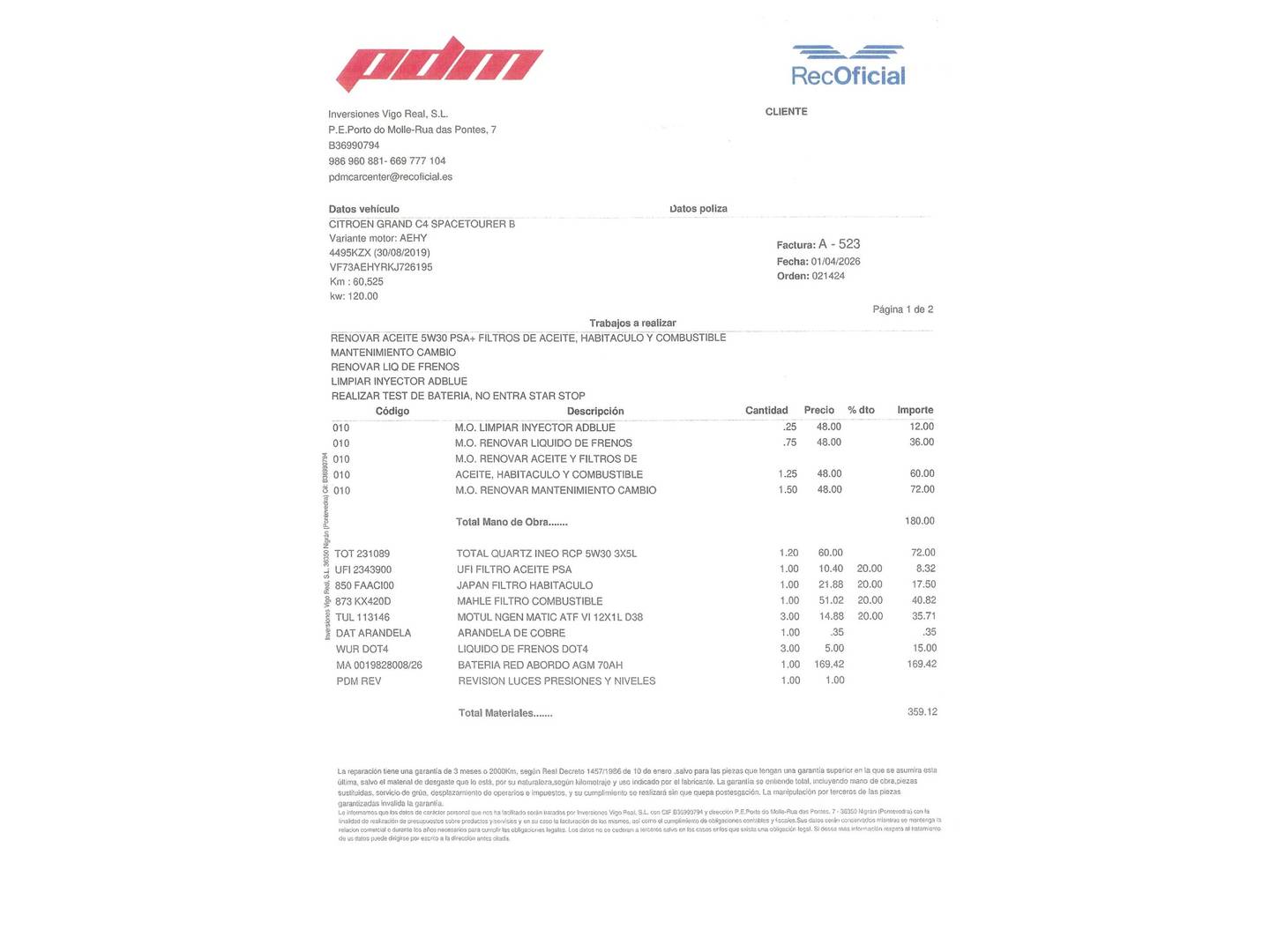 Foto del mantenimiento del Citroën Grand C4 Spacetourer Citroën Grand C4 Spacetourer BlueHDi 150 S&S Shine EAT8 (163 CV) 7 Plazas