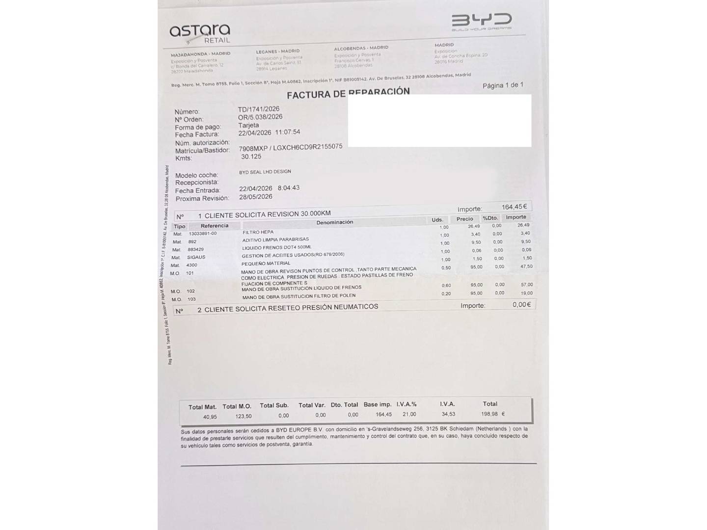 Foto del mantenimiento del BYD Seal BYD Seal Design RWD (313 CV)