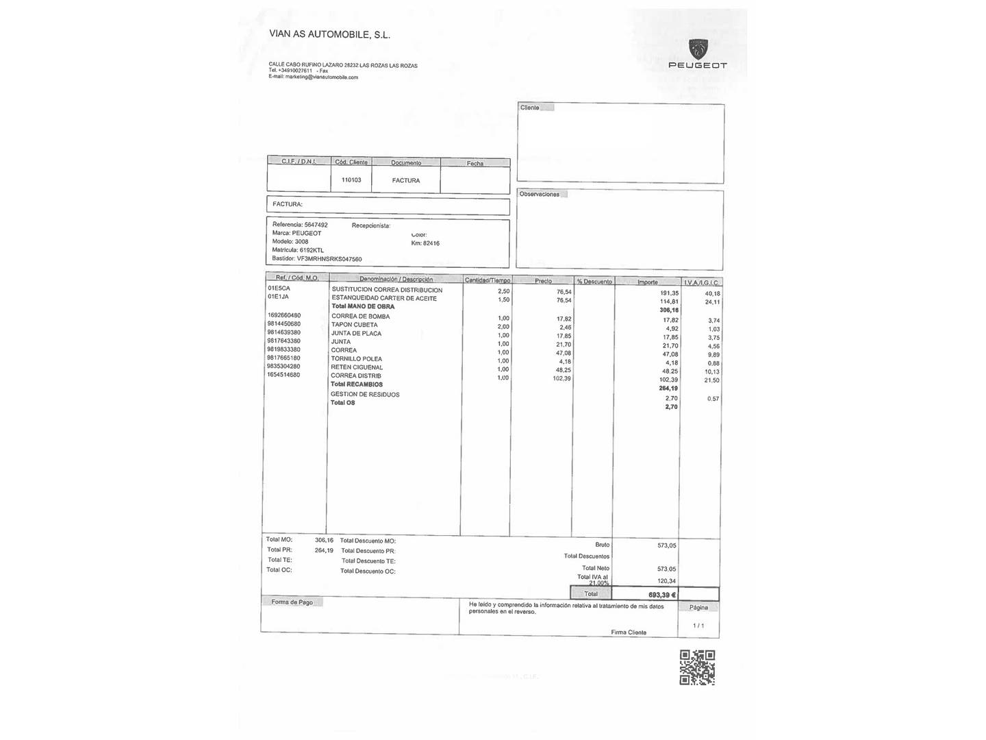 Foto del mantenimiento del Peugeot 3008 Peugeot 3008 PureTech 130 S&S GT Line EAT8 (130 CV)