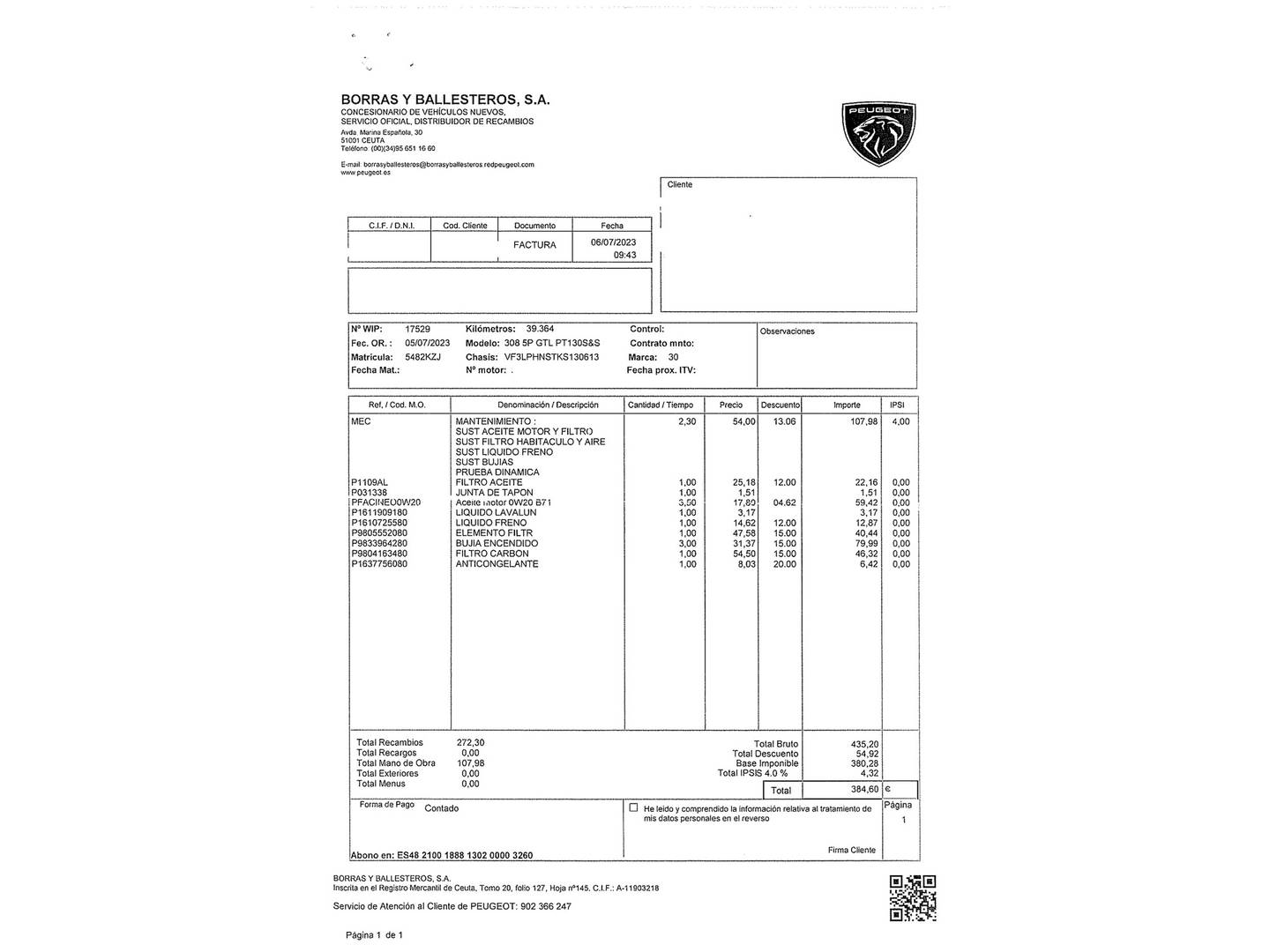 Foto del mantenimiento del Peugeot 308 Peugeot 308 PureTech 130 S&S GT Line (130 CV)
