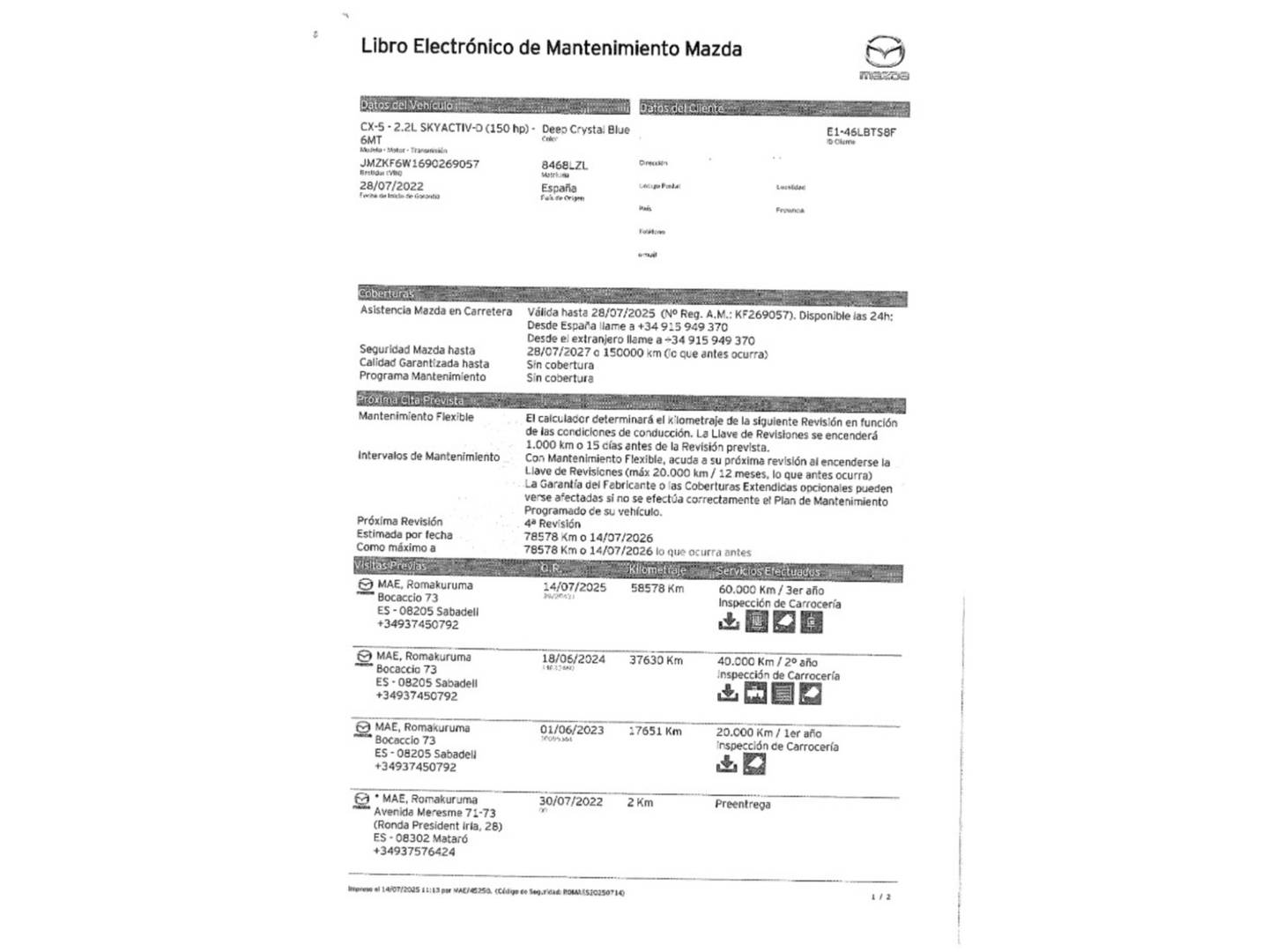 Foto del mantenimiento del Mazda CX-5 Mazda CX-5 2.2 DE Origin 2WD (150 CV)