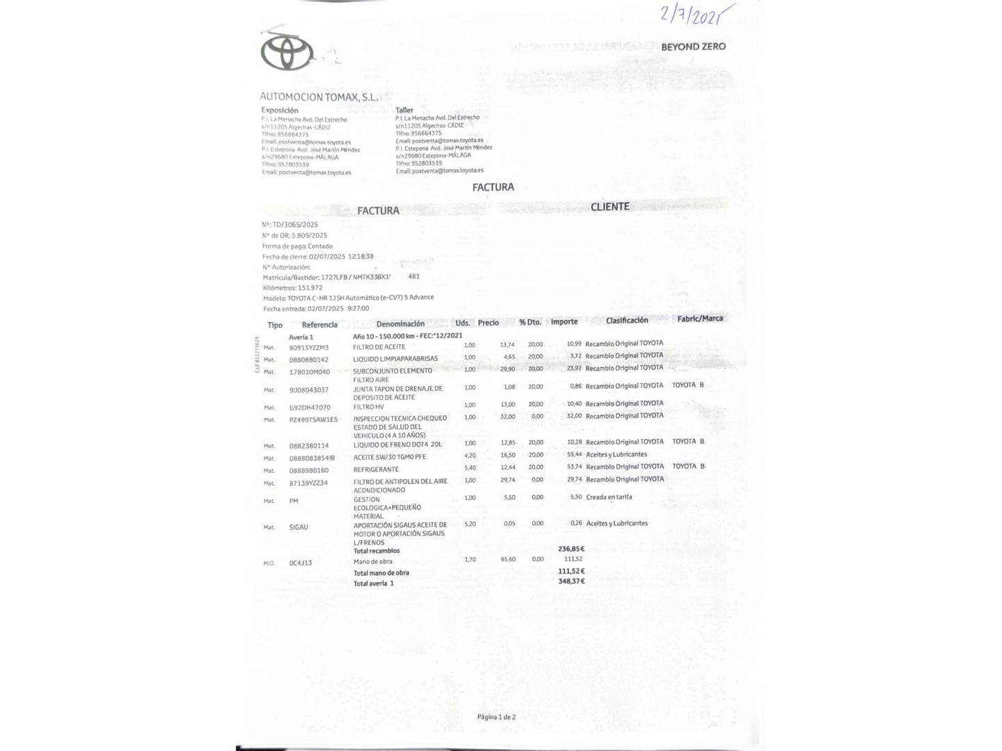 Foto del mantenimiento del Toyota C-HR Toyota C-HR 1.8 125H Advance (122 CV)