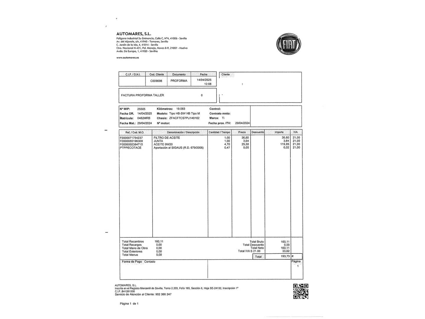 Foto del mantenimiento del Fiat Tipo Fiat Tipo 1.6 Diesel (130 CV)