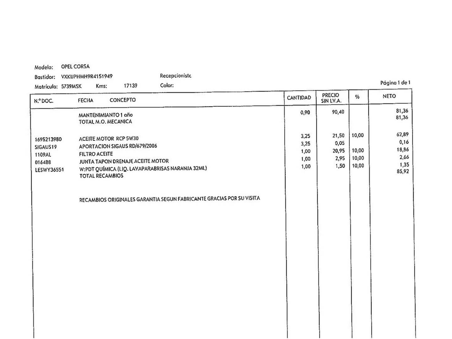 Foto del mantenimiento del Opel Corsa Opel Corsa 1.2 XEL Edition (75 CV)