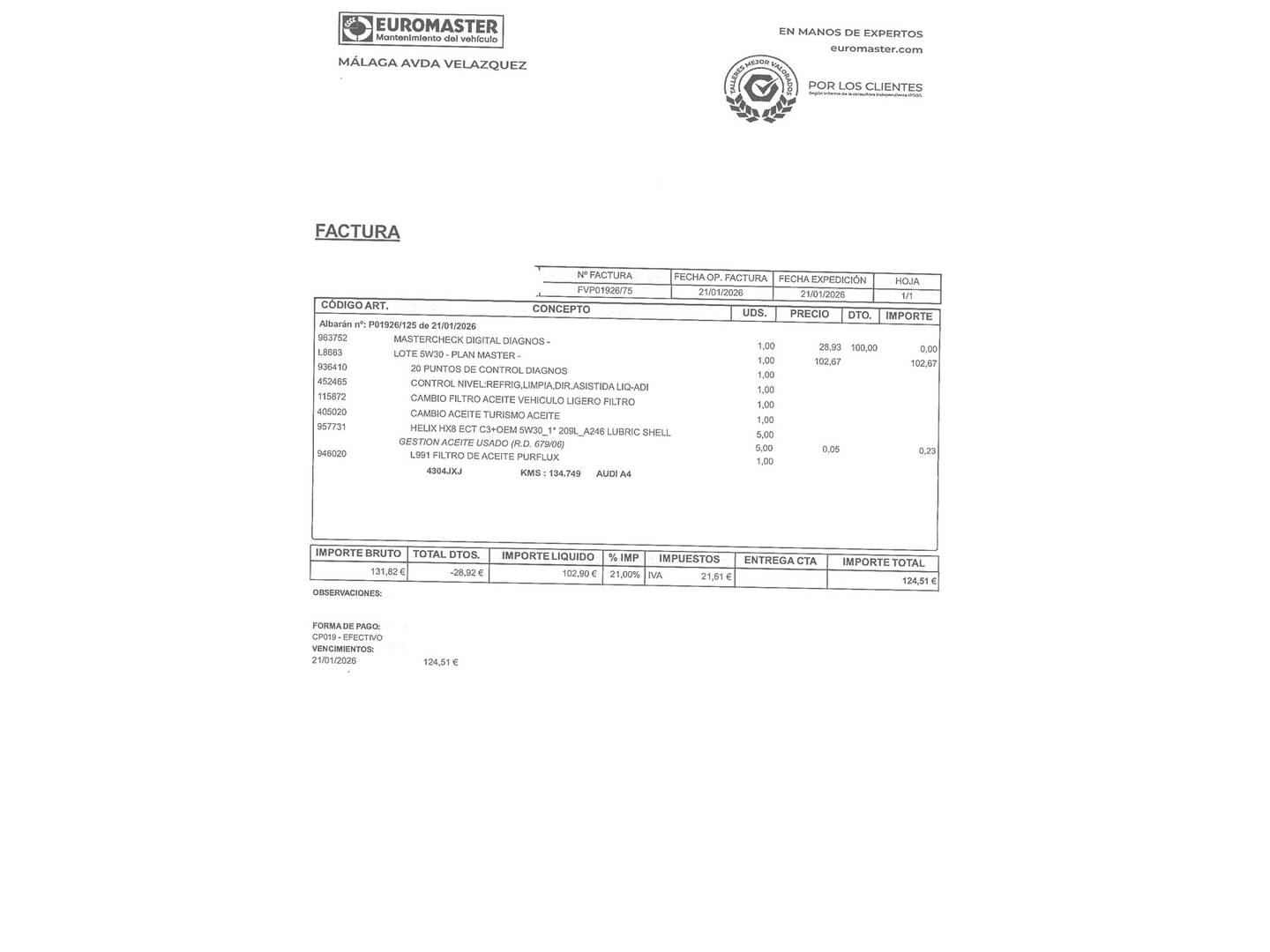 Foto del mantenimiento del Audi A4 Audi A4 design edition 2.0 TDI (150 CV) S tronic