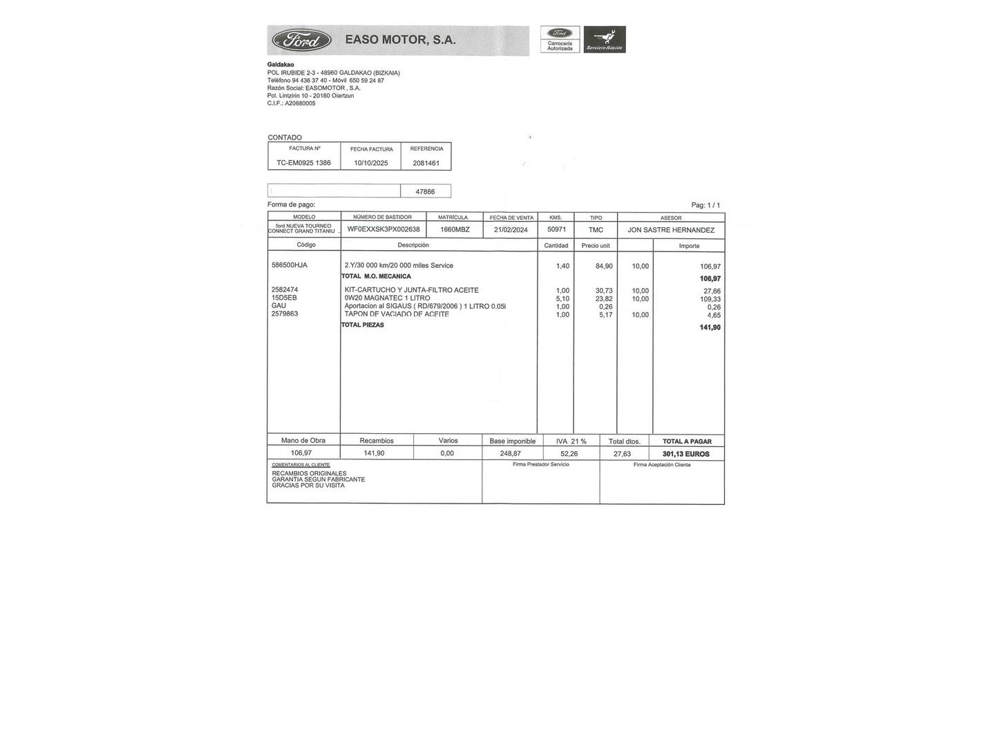 Foto del mantenimiento del Ford Grand Tourneo Connect Ford Grand Tourneo Connect 2.0 Ecoblue Titanium Auto (122 CV) 7 Plazas