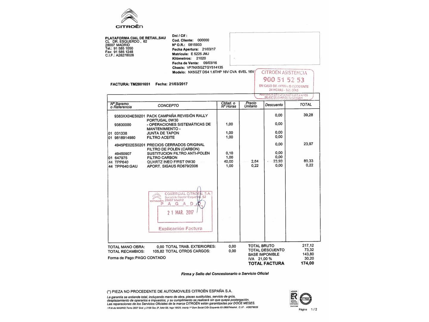 Foto del mantenimiento del DS DS 4 DS DS4 THP 165 S&S Style EAT6 (165 CV)
