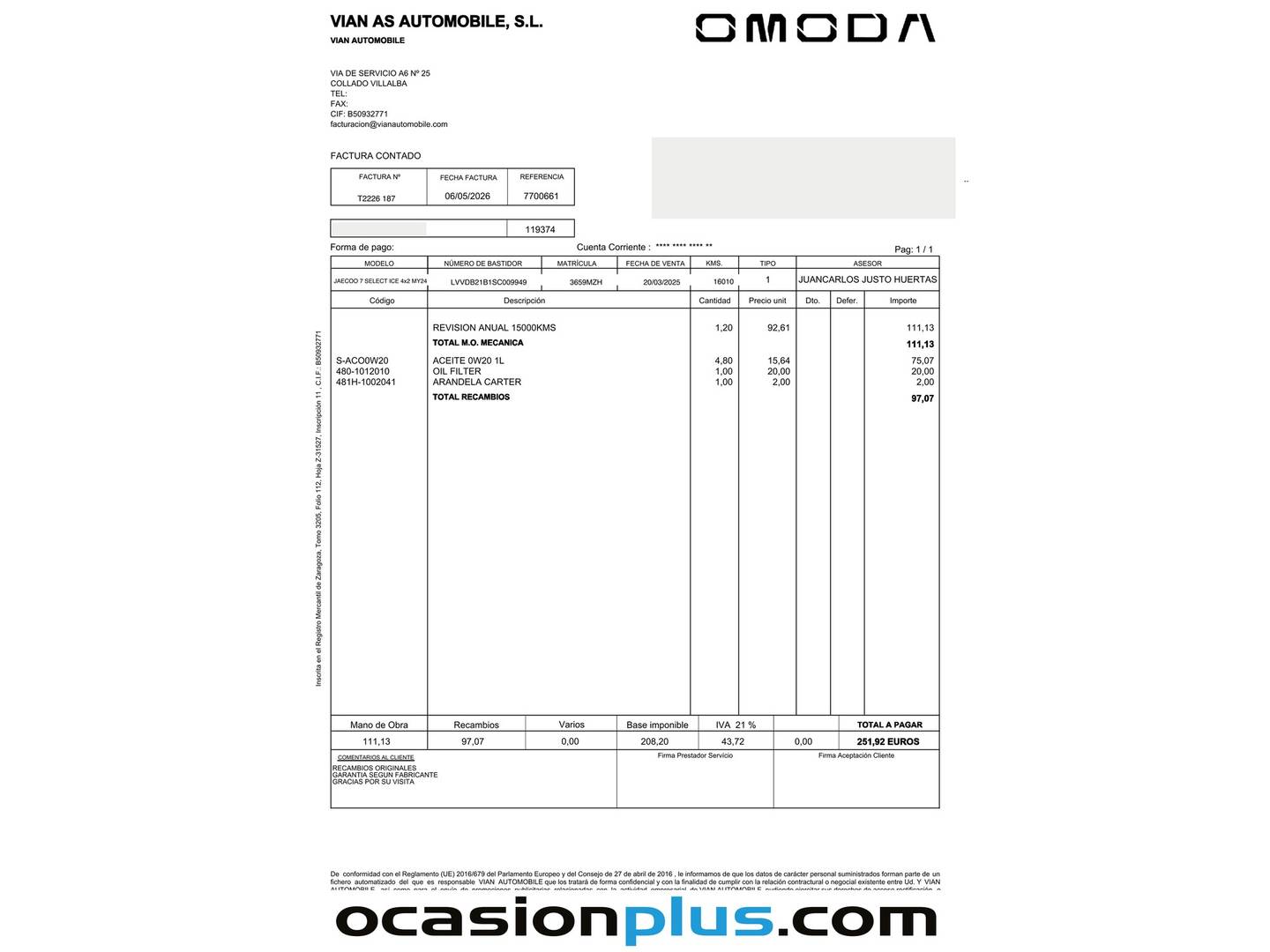 Foto del mantenimiento del JAECOO 7 JAECOO 7 1.6 TGDI Select FWD (145 CV)