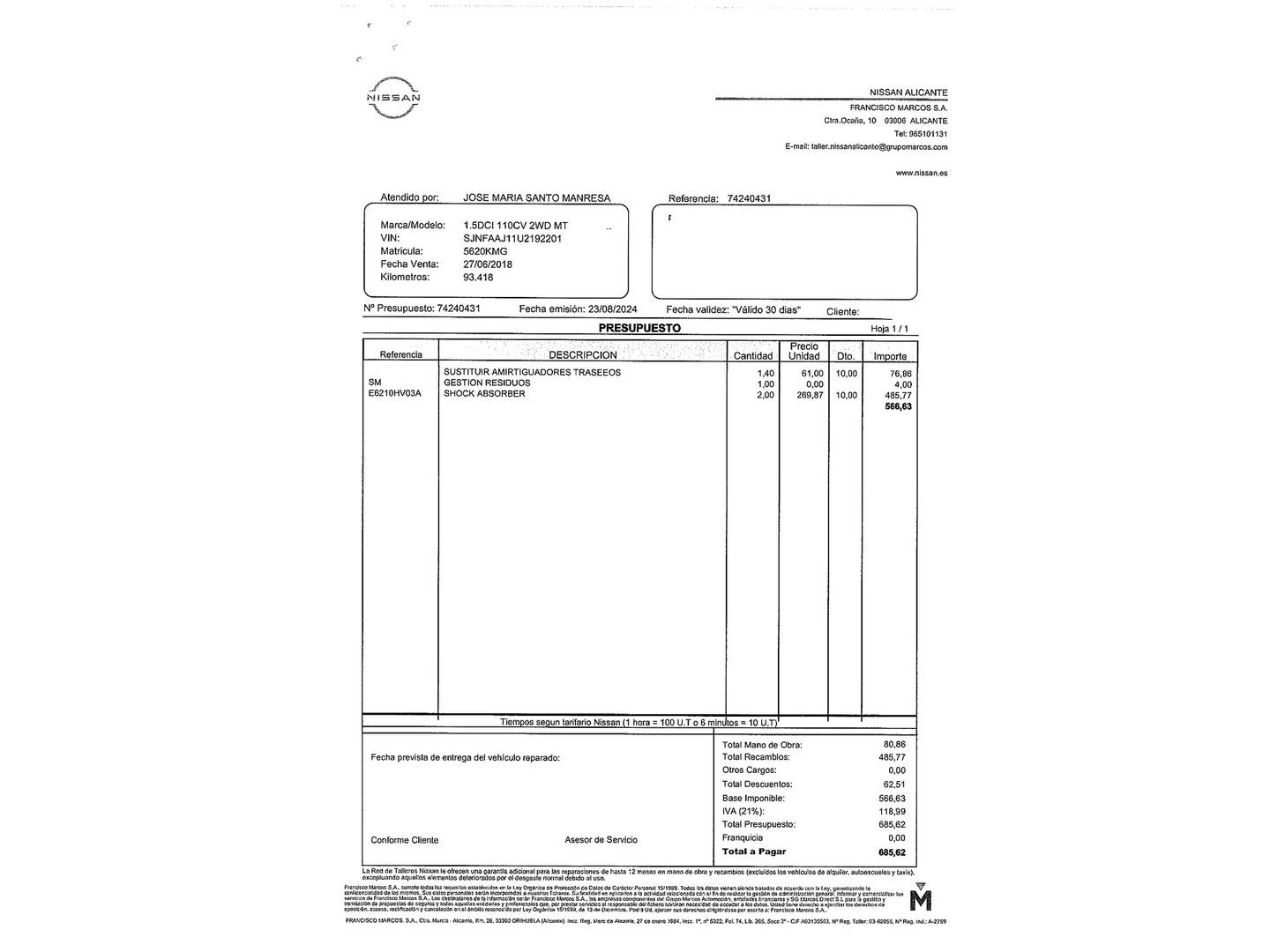 Foto del mantenimiento del Nissan QASHQAI Nissan Qashqai dCi 110 N-Connecta 4x2 (110 CV)