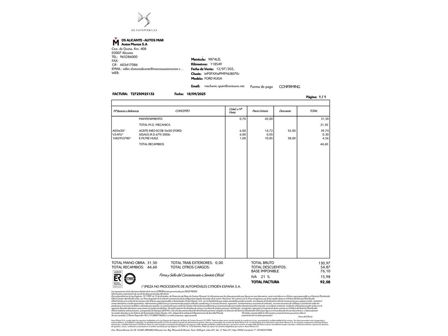 Foto del mantenimiento del Ford Kuga Ford Kuga 1.5 EcoBlue ST-Line (120 CV)