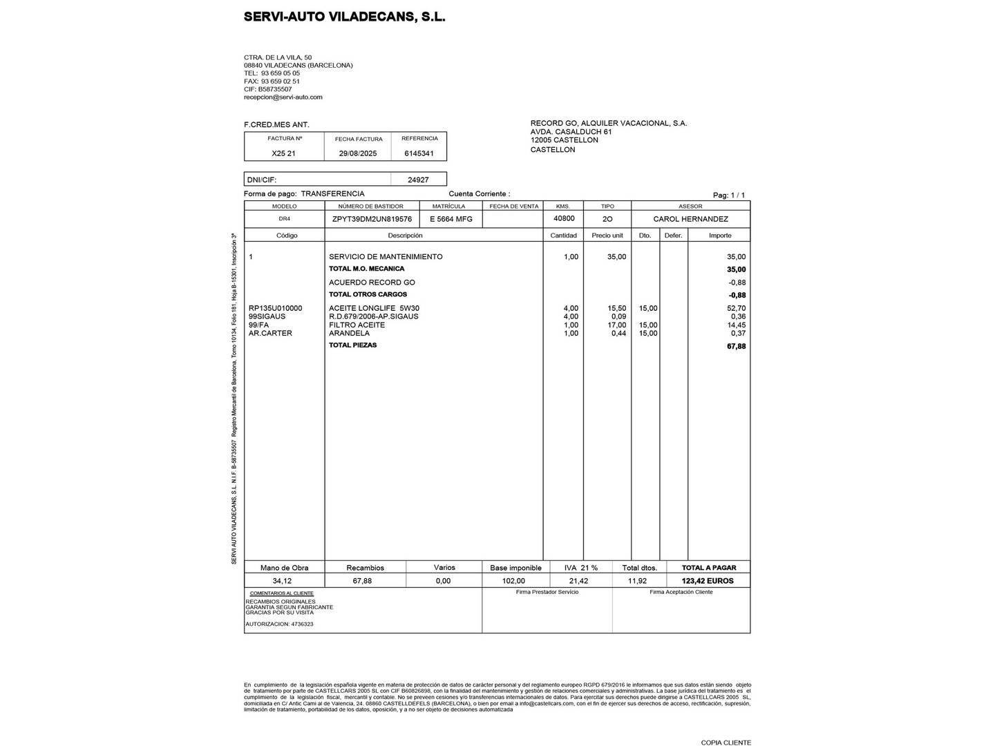 Foto del mantenimiento del DR AUTOMOBILES DR 4.0 DR AUTOMOBILES DR4 1.5 (116 CV)
