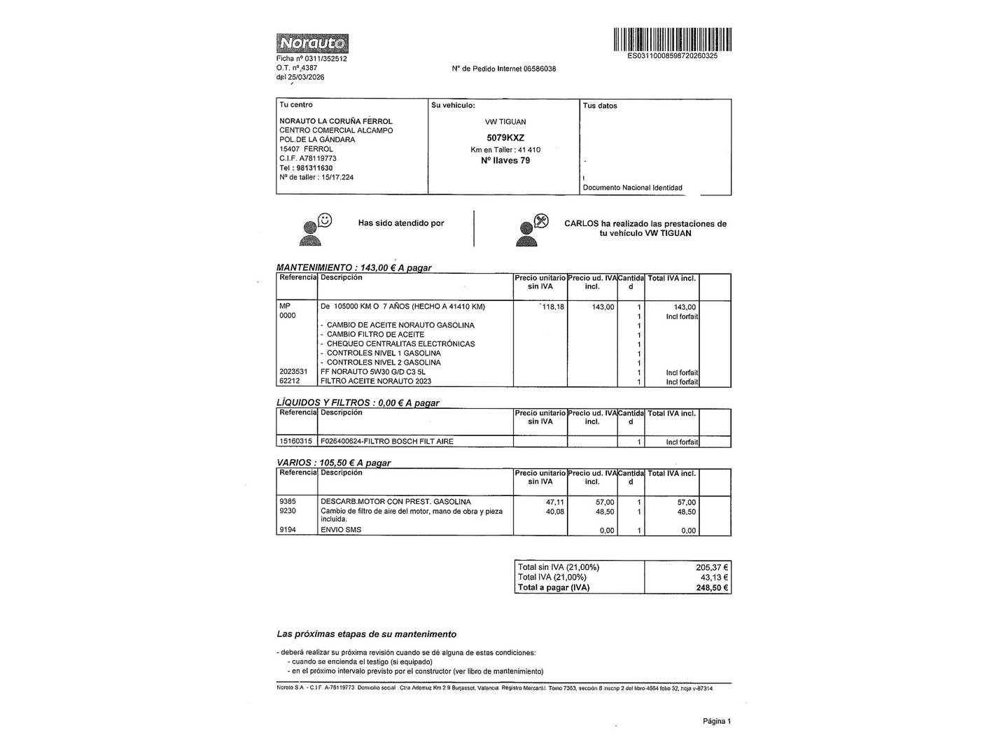Foto del mantenimiento del Volkswagen Tiguan Volkswagen Tiguan Edition 1.5 TSI (130 CV)