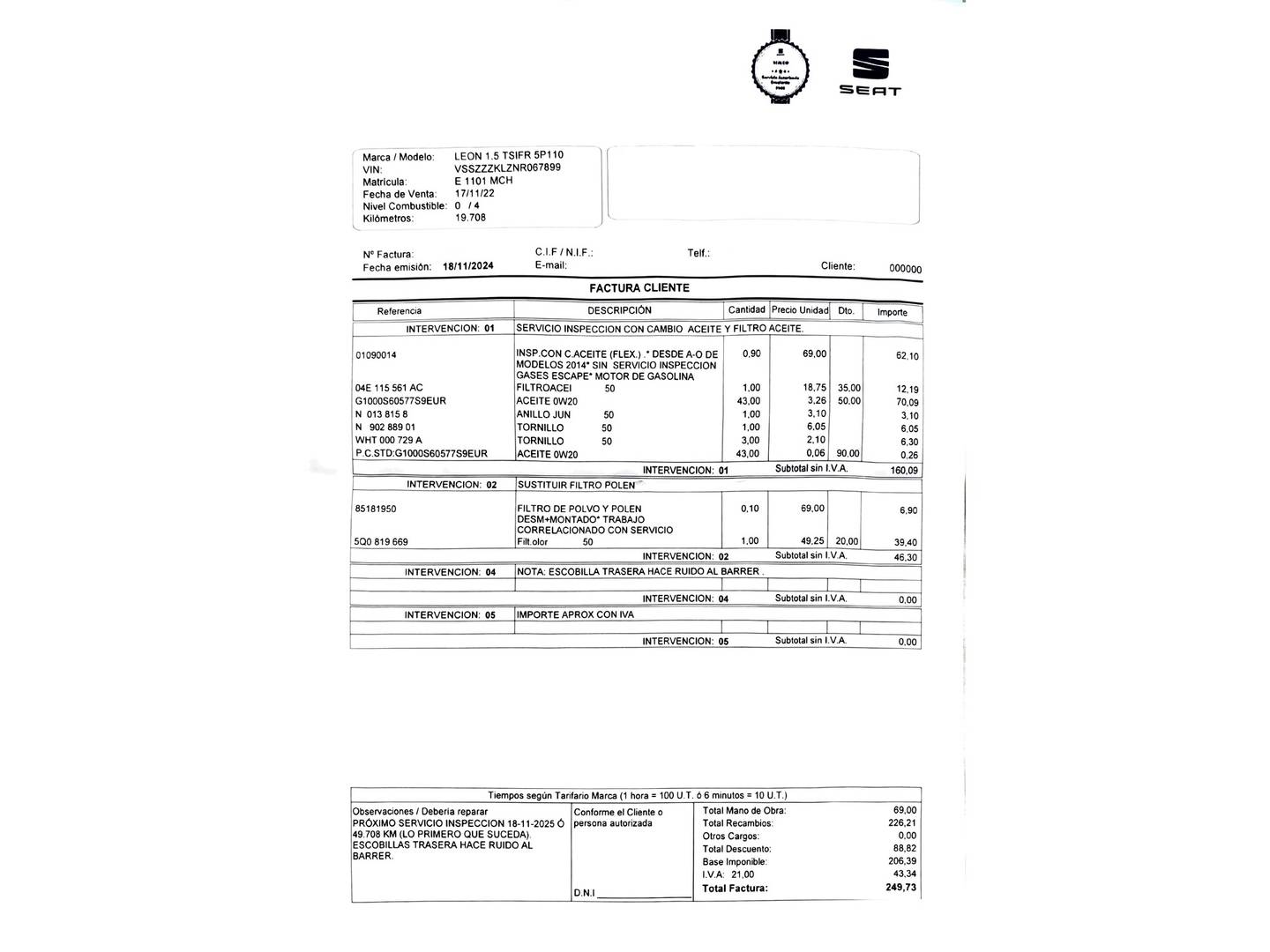 Foto del mantenimiento del Seat León Seat León 1.5 TSI S&S FR (150 CV)