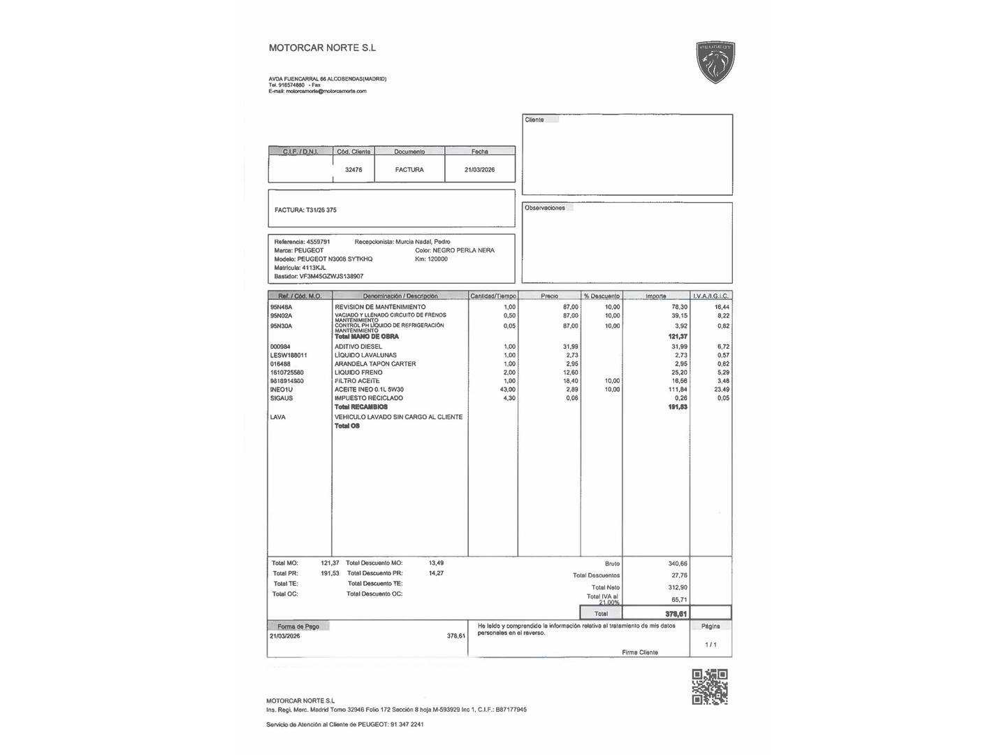 Foto del mantenimiento del Peugeot 3008 Peugeot 3008 THP 165 GT Line S&S Auto (165 CV)