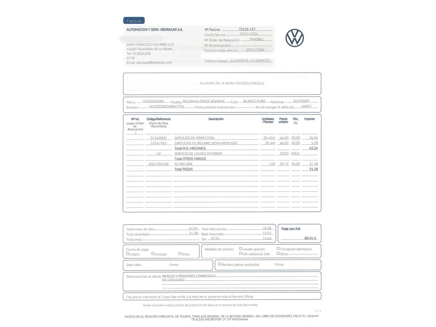 Foto del mantenimiento del Volkswagen Tiguan Allspace Volkswagen Tiguan Allspace Advance 2.0 TDI (150 CV) 7 Plazas
