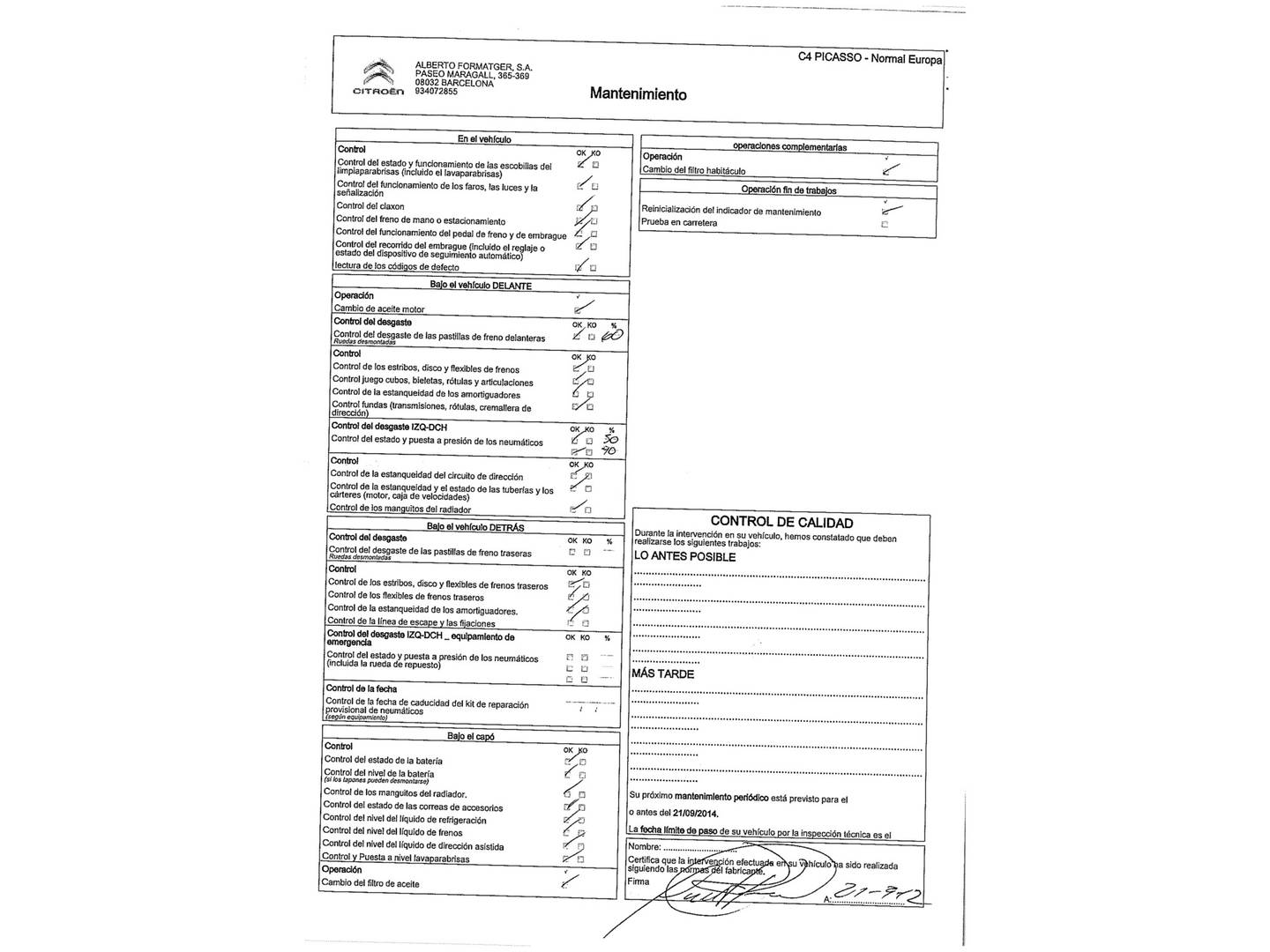 Foto del mantenimiento del Citroën C4 Picasso Citroën C4 Picasso 1.6 VTi Seduction (120 CV)
