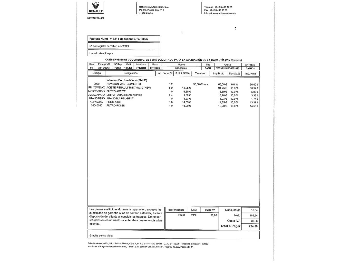 Foto del mantenimiento del Citroën Grand C4 Picasso Citroën Grand C4 Picasso e-HDi 115 Airdream Attraction  (115 CV) 7 Plazas