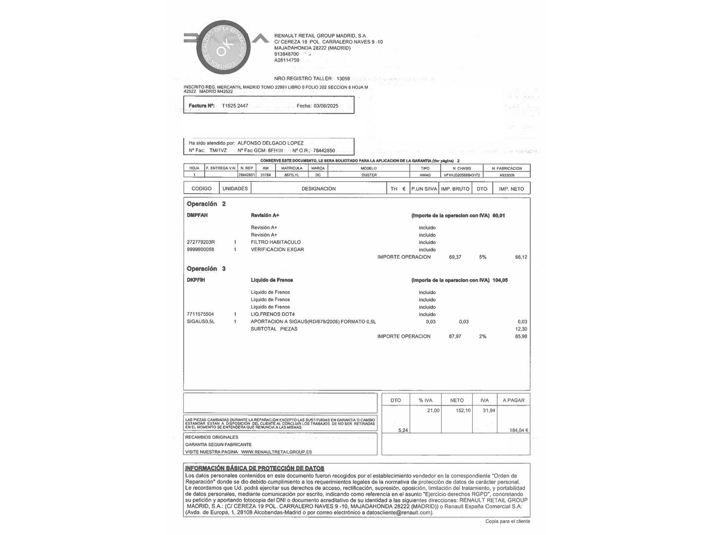 Foto del mantenimiento del Dacia Duster Dacia Duster Prestige TCE (150 CV) EDC