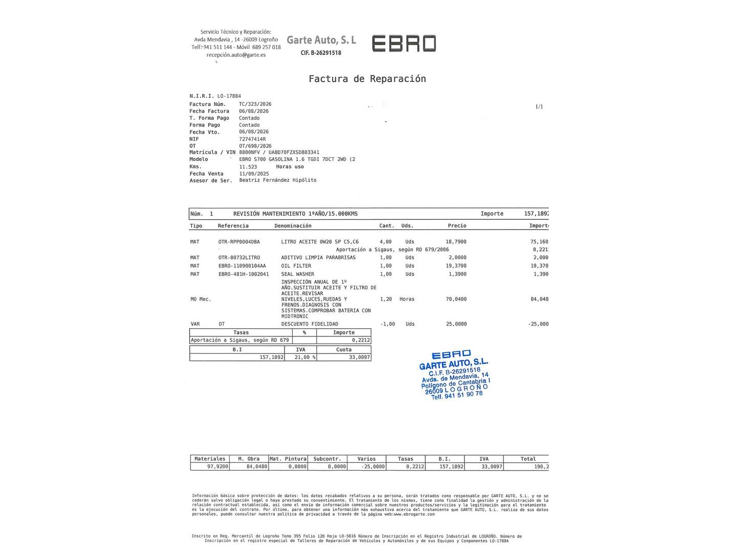 Foto del mantenimiento del EBRO S700 EBRO S700 1.6 TGDI Comfort DCT (147 CV)