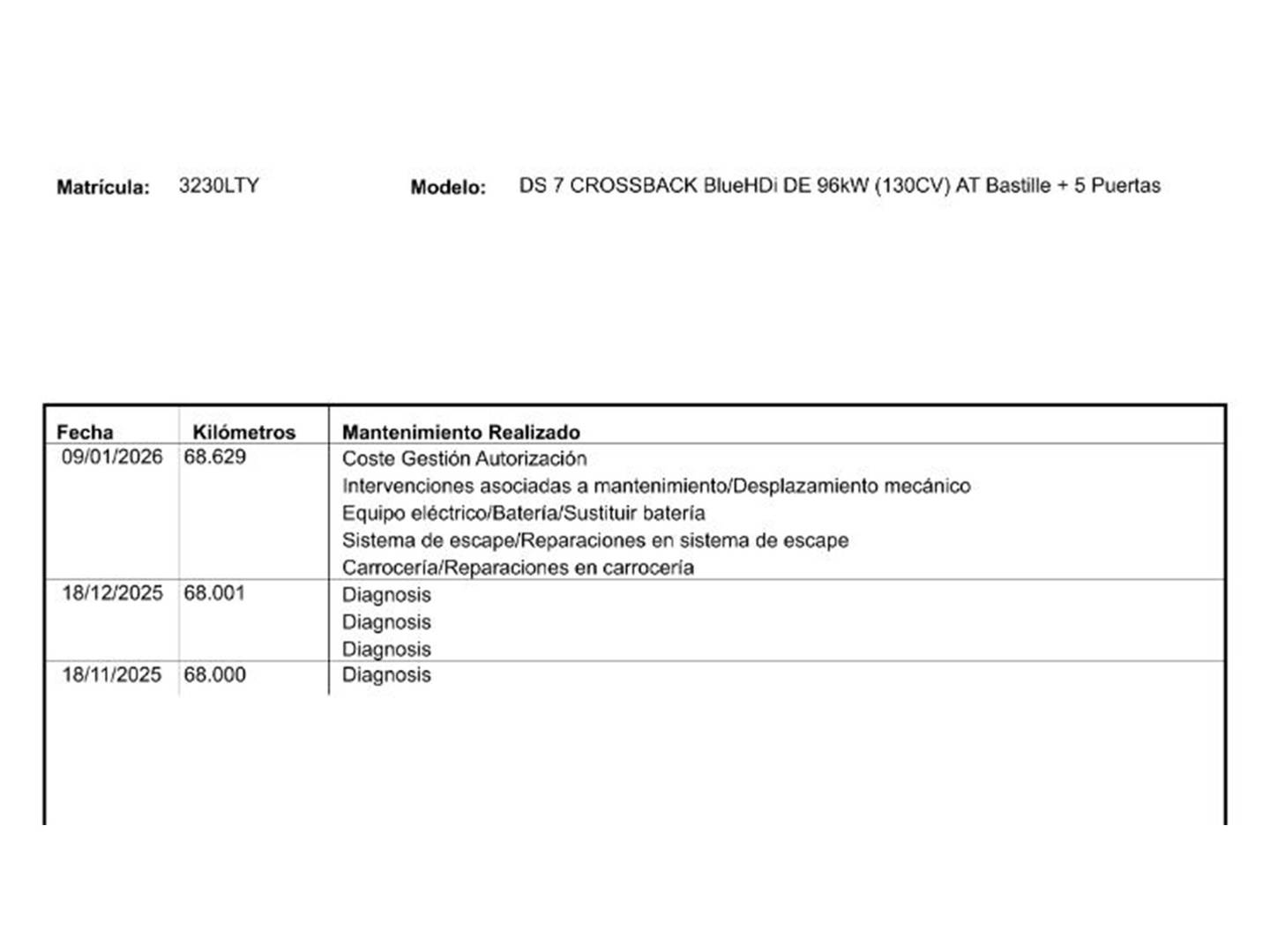 Foto del mantenimiento del DS DS 7 Crossback DS DS7 Crossback BlueHDi 130 DE Bastille + AT (130 CV)
