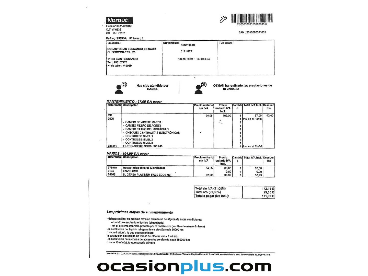 Foto del mantenimiento del BMW Serie 3 BMW Serie 3 320d EfficientDynamics (163 CV)