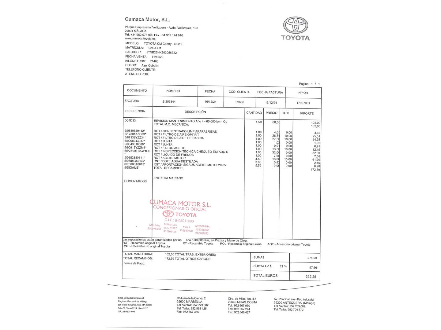 Foto del mantenimiento del Toyota Camry Toyota Camry 2.5 220H Luxury (218 CV)