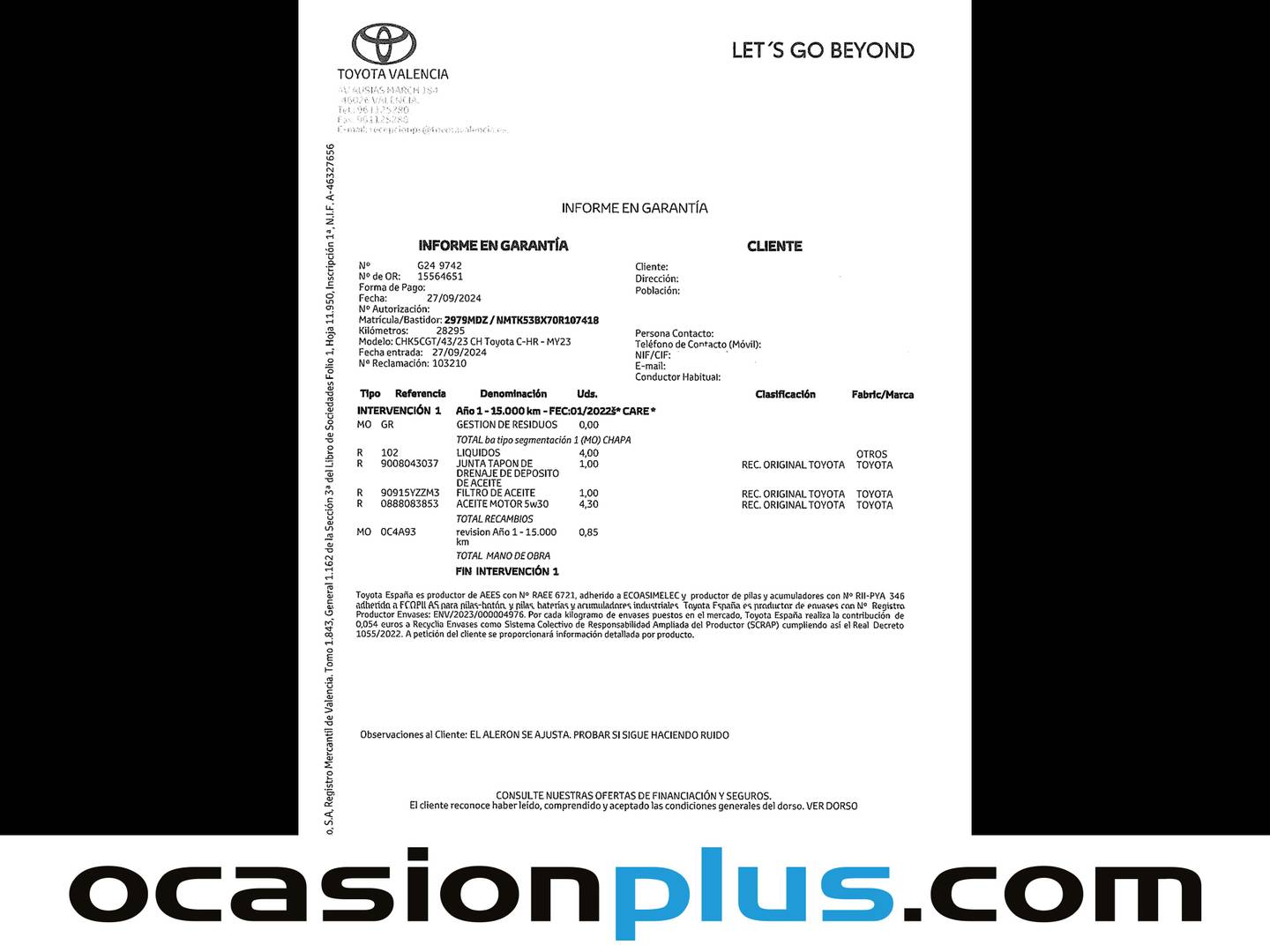 Foto del mantenimiento del Toyota C-HR Toyota C-HR 180H Advance (184 CV)