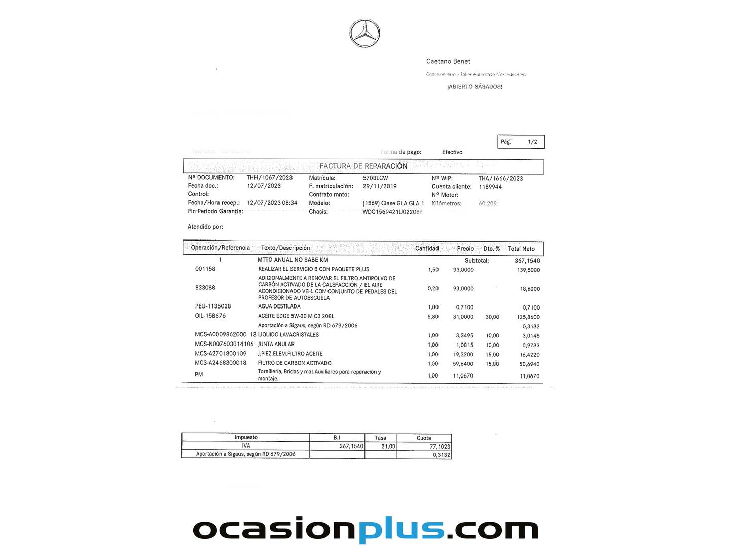 Foto del mantenimiento del Mercedes GLA Mercedes GLA 180 (122 CV) Pack AMG