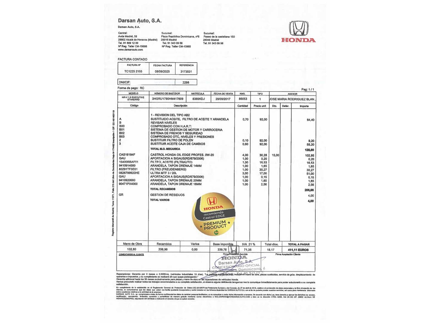 Foto del mantenimiento del Honda HR-V Honda HR-V 1.5 i-VTEC Executive (130 CV)