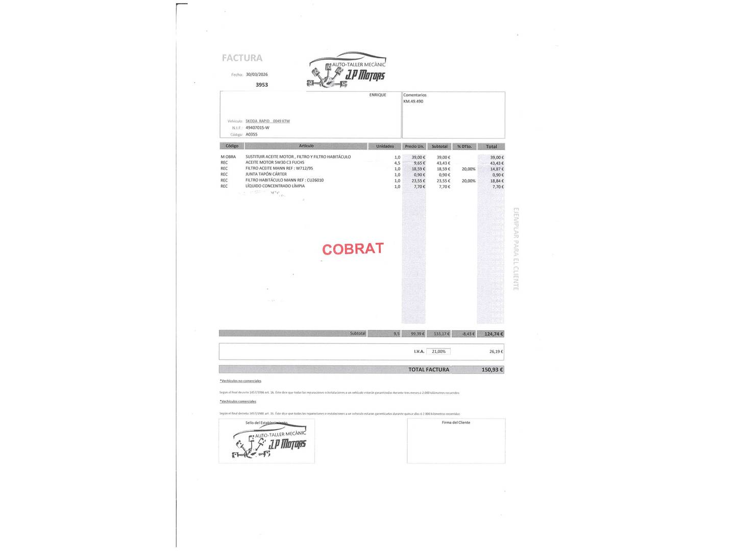 Foto del mantenimiento del Skoda Spaceback Skoda Spaceback 1.0 TSI Like Spaceback (95 CV)