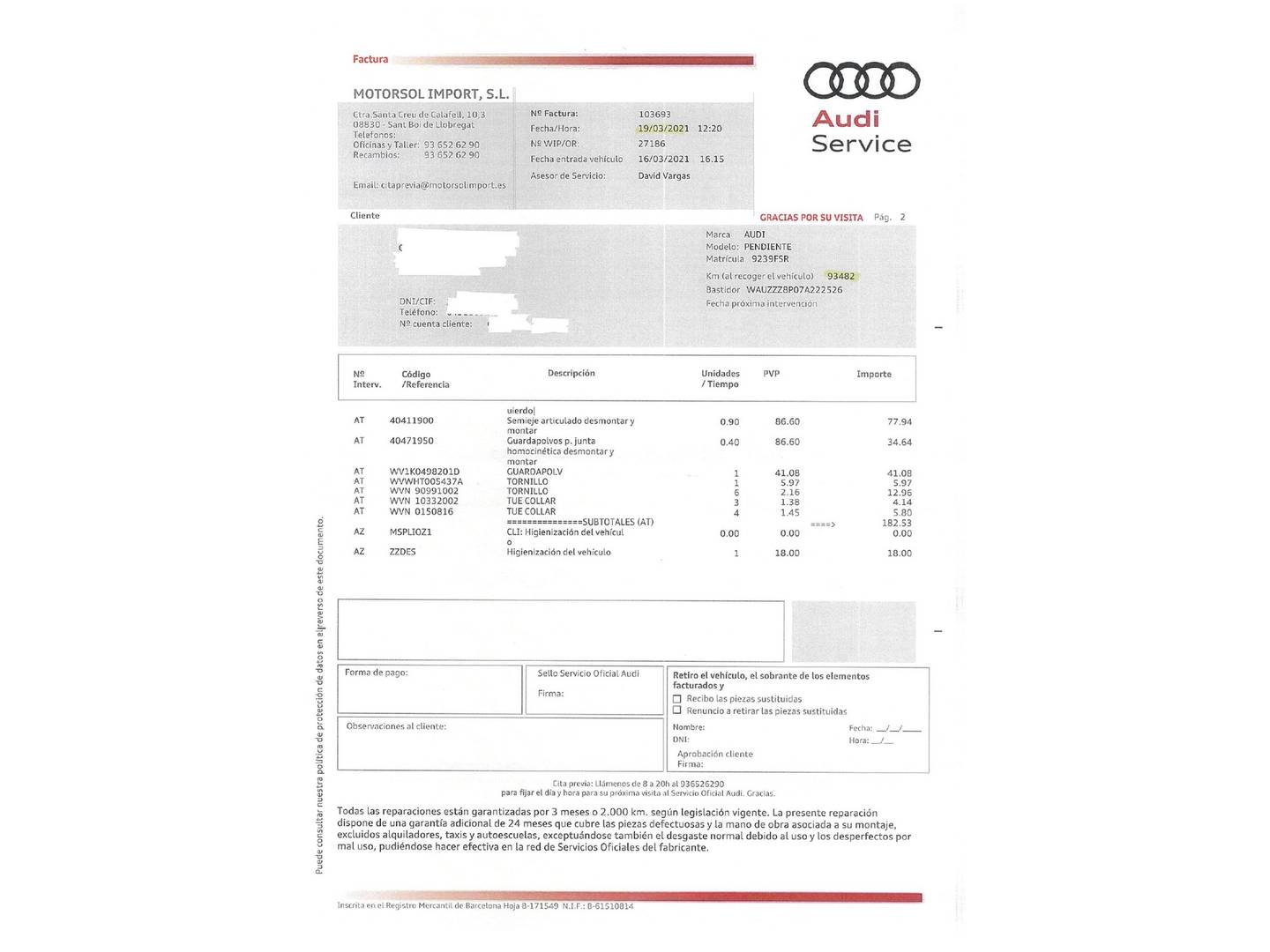 Foto del mantenimiento del Audi A3 Audi A3 Sportback Ambiente 2.0 TDI (140 CV) S tronic