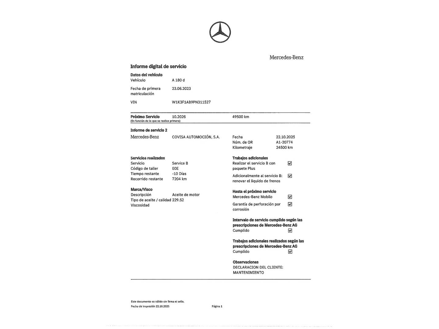 Foto del mantenimiento del Mercedes Clase A Mercedes-Benz Clase A 180 d  (116 CV)