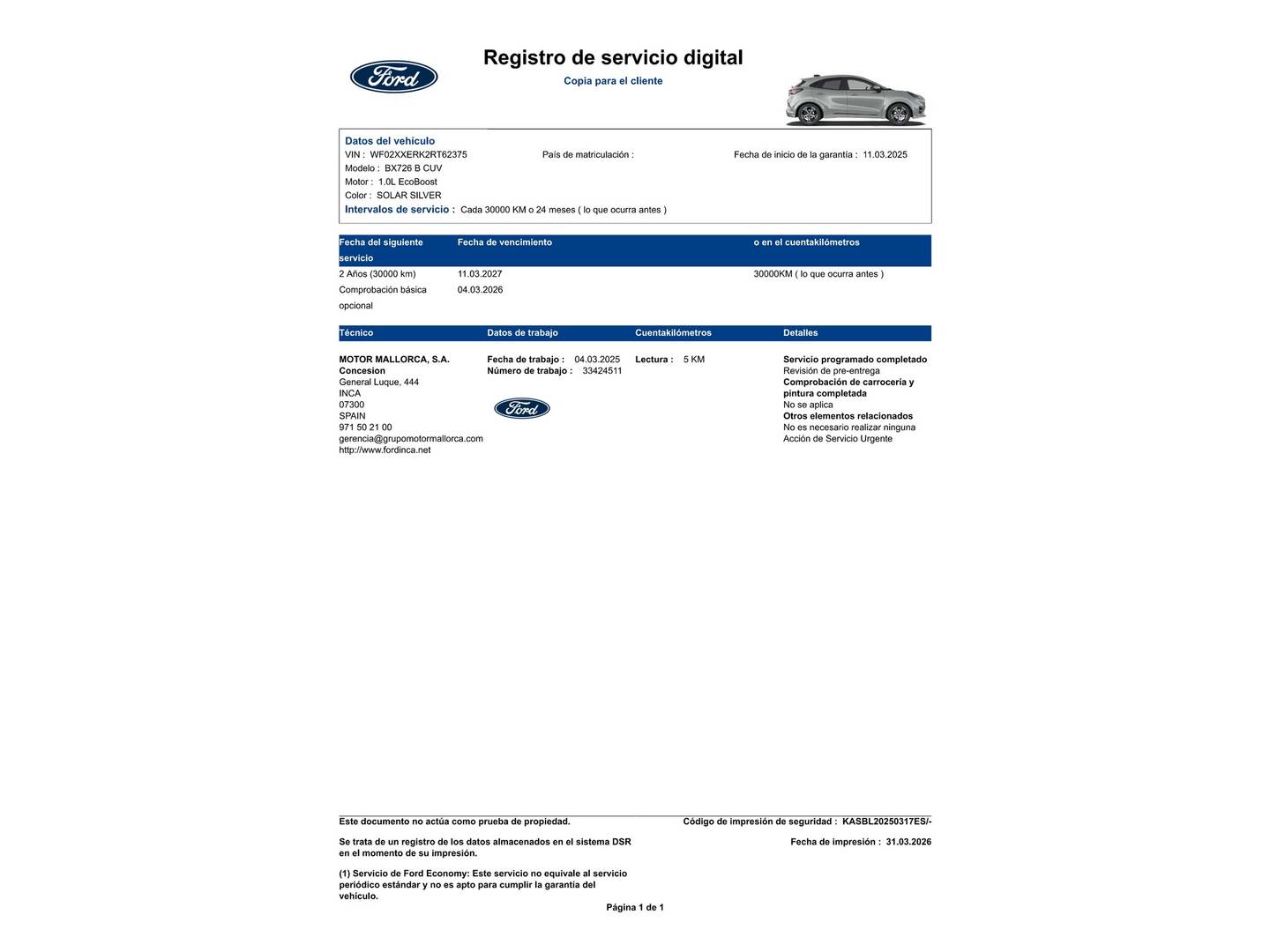 Foto del mantenimiento del Ford Puma Ford Puma 1.0 EcoBoost MHEV ST-Line (125 CV)