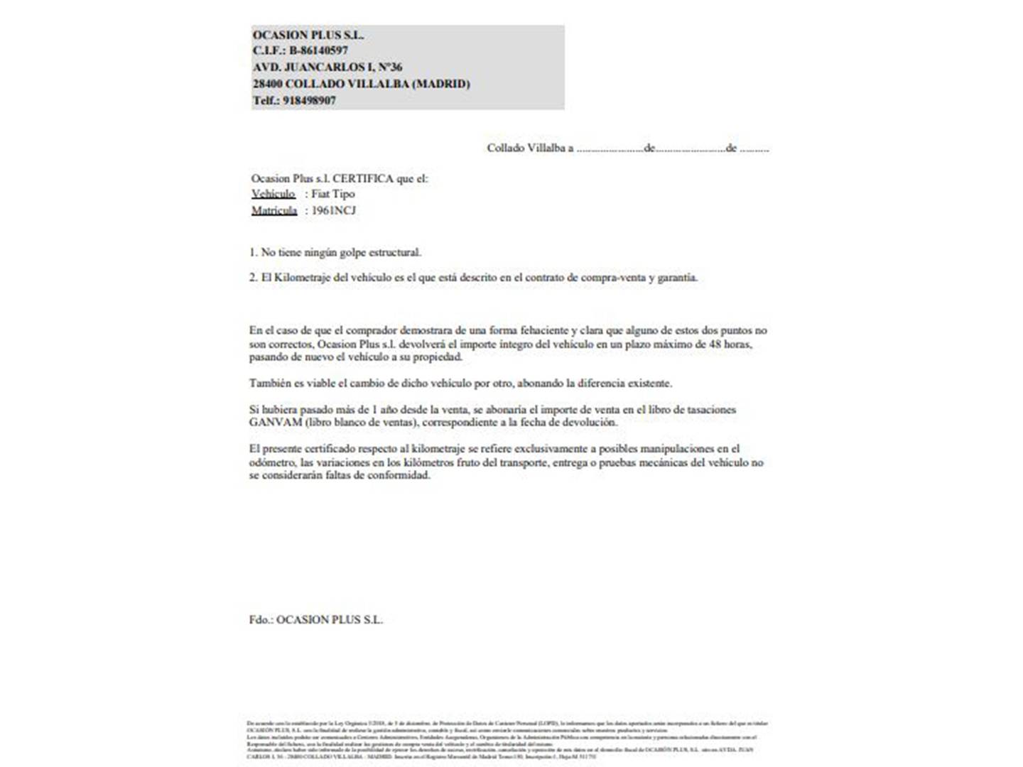 Foto del certificado del Fiat Tipo Fiat Tipo 1.0 Cross (100 CV)