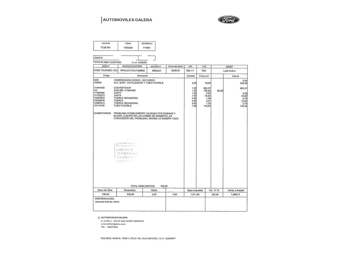 Foto del mantenimiento del Ford Tourneo Courier Ford Tourneo Courier 1.0 EcoBoost Ambiente (100 CV)