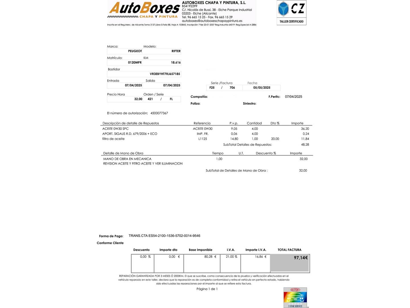 Foto del mantenimiento del Peugeot Rifter Peugeot Rifter BlueHDi 100 Allure Business Standard (100 CV)
