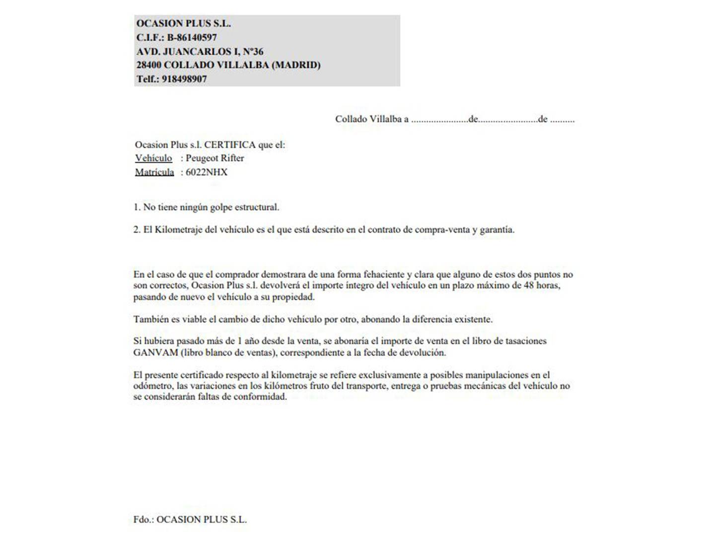 Foto del certificado del Peugeot Rifter Peugeot Rifter BlueHDi 130 S&S GT Standard EAT8 (130 CV)