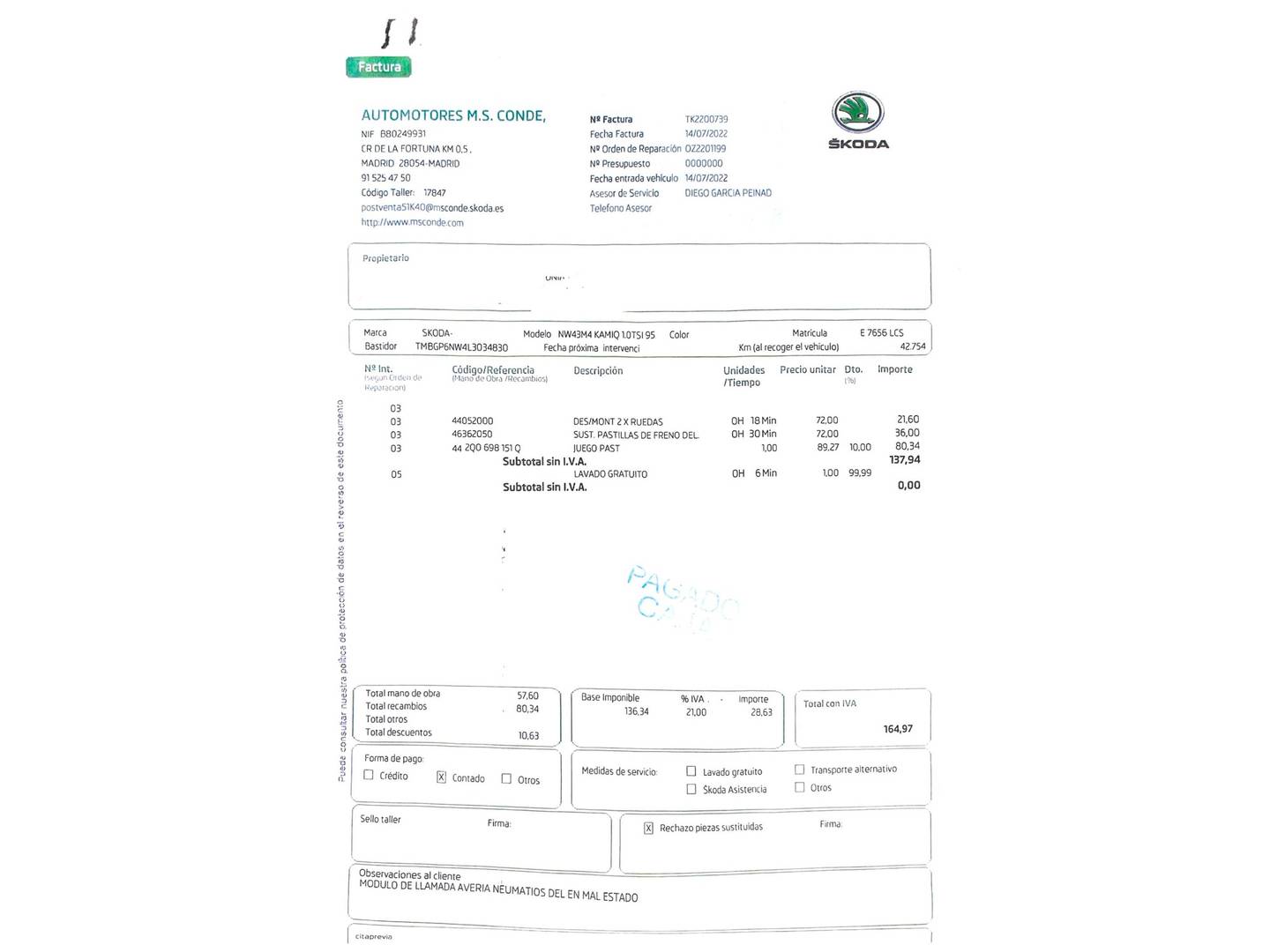 Foto del mantenimiento del Skoda Kamiq Skoda Kamiq 1.0 TSI Ambition (95 CV)