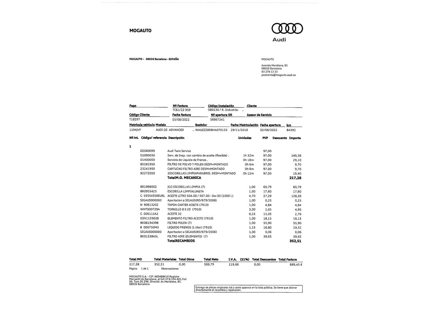 Foto del mantenimiento del Audi Q5 Audi Q5 Advanced edition 2.0 TDI ultra (150 CV)