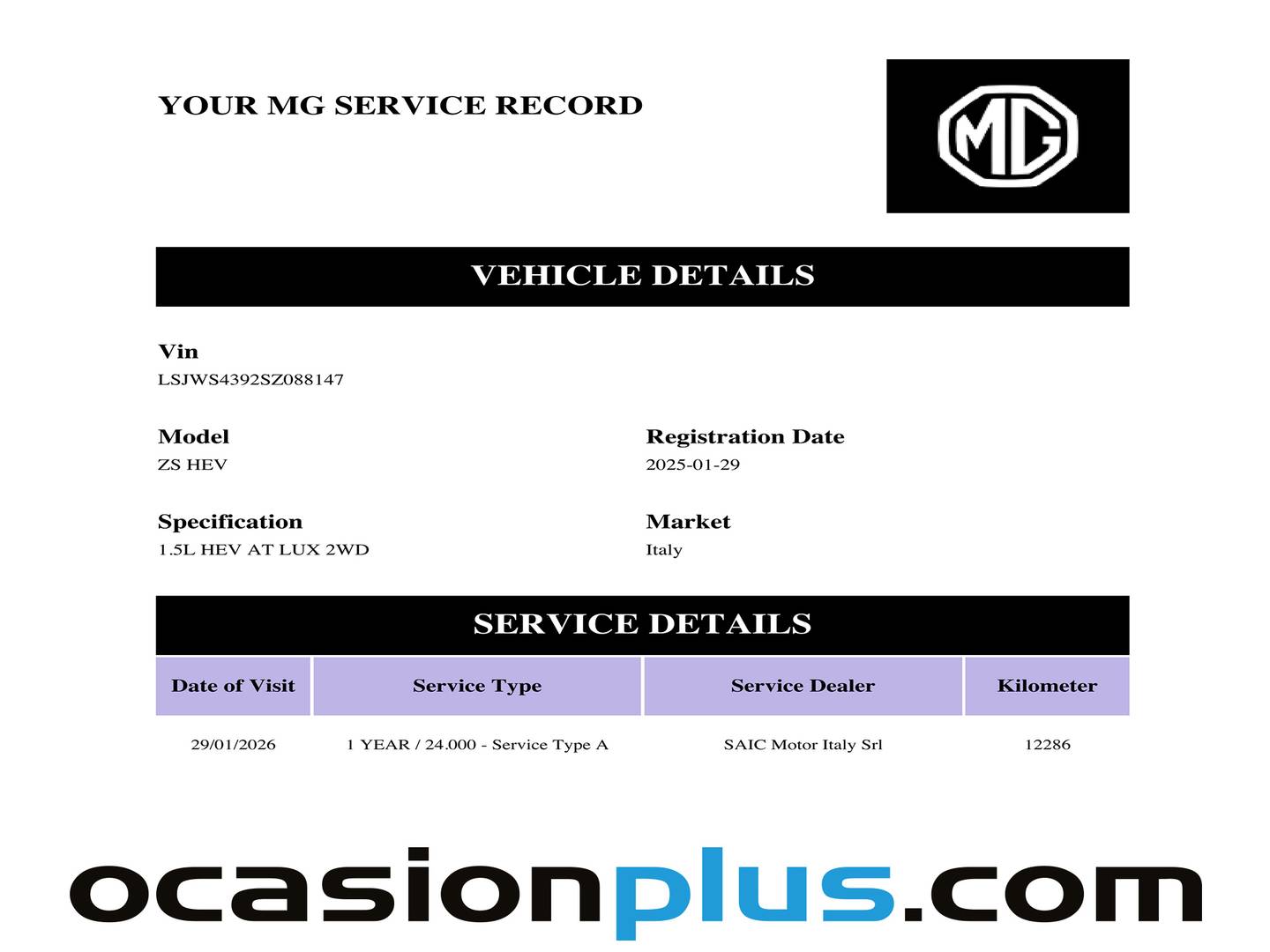 Foto del mantenimiento del MG ZS MG ZS 1.5 Hybrid+ Luxury (197 CV)