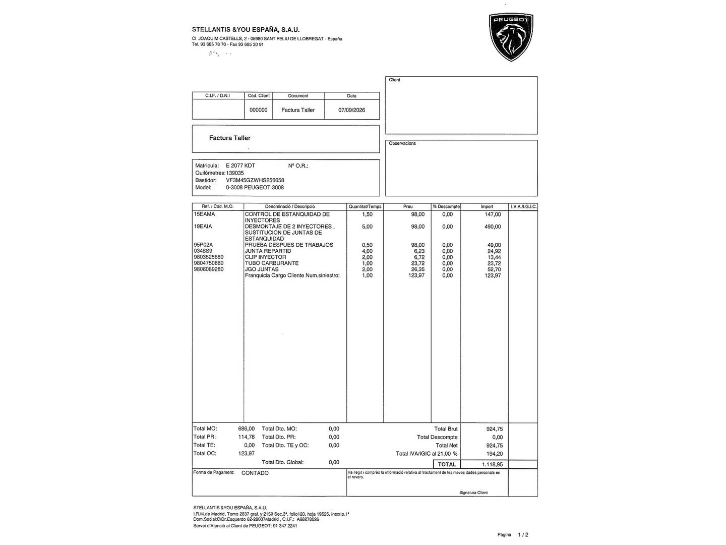 Foto del mantenimiento del Peugeot 3008 Peugeot 3008 THP 165 GT Line S&S Auto (165 CV)