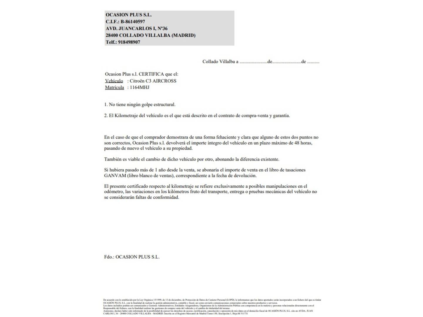Foto del certificado del Citroën C3 Aircross Citroën C3 Aircross PureTech 110 S&S Shine (110 CV)