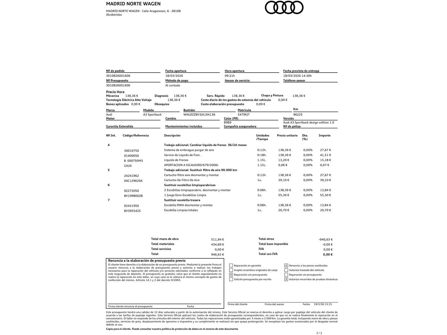 Foto del mantenimiento del Audi A3 Audi A3 Sportback design edition 1.0 TFSI (116 CV)