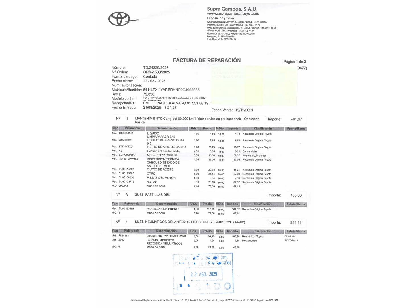 Foto del mantenimiento del Toyota Proace City Verso Toyota Proace City Verso 1.2 Family Active L1 (110 CV)